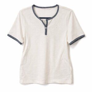 🦜 White Split-Neck Contrast Trim Short Sleeve Top - L